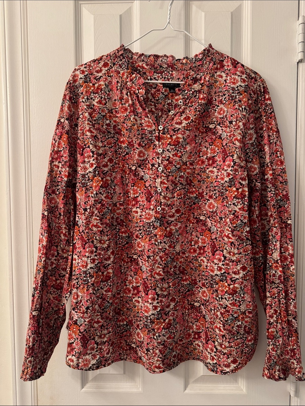 Talbots Red Floral Half Button-Front Long-Sleeve Blouse